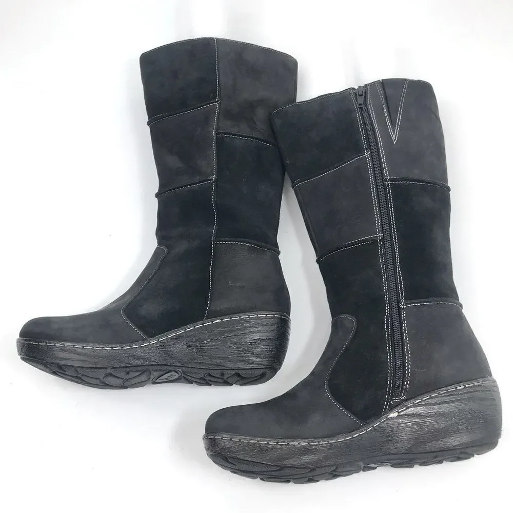 B.O.C. Black Suede Leather Patchwork Side Zip Wedge Heel Tall Boots